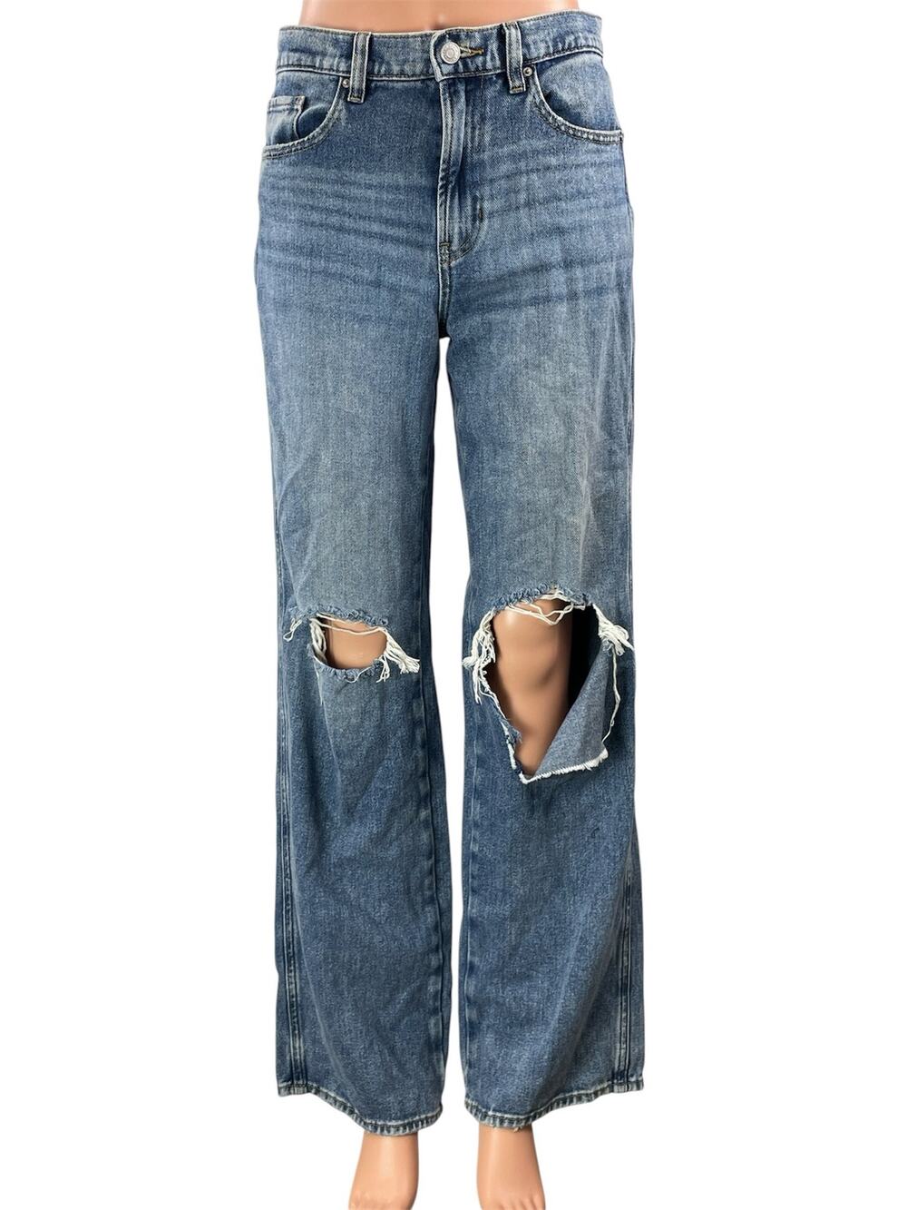 Pacsun Women's Blue High Waisted Distressed Wide Leg Baggy Denim Jeans Pants 25